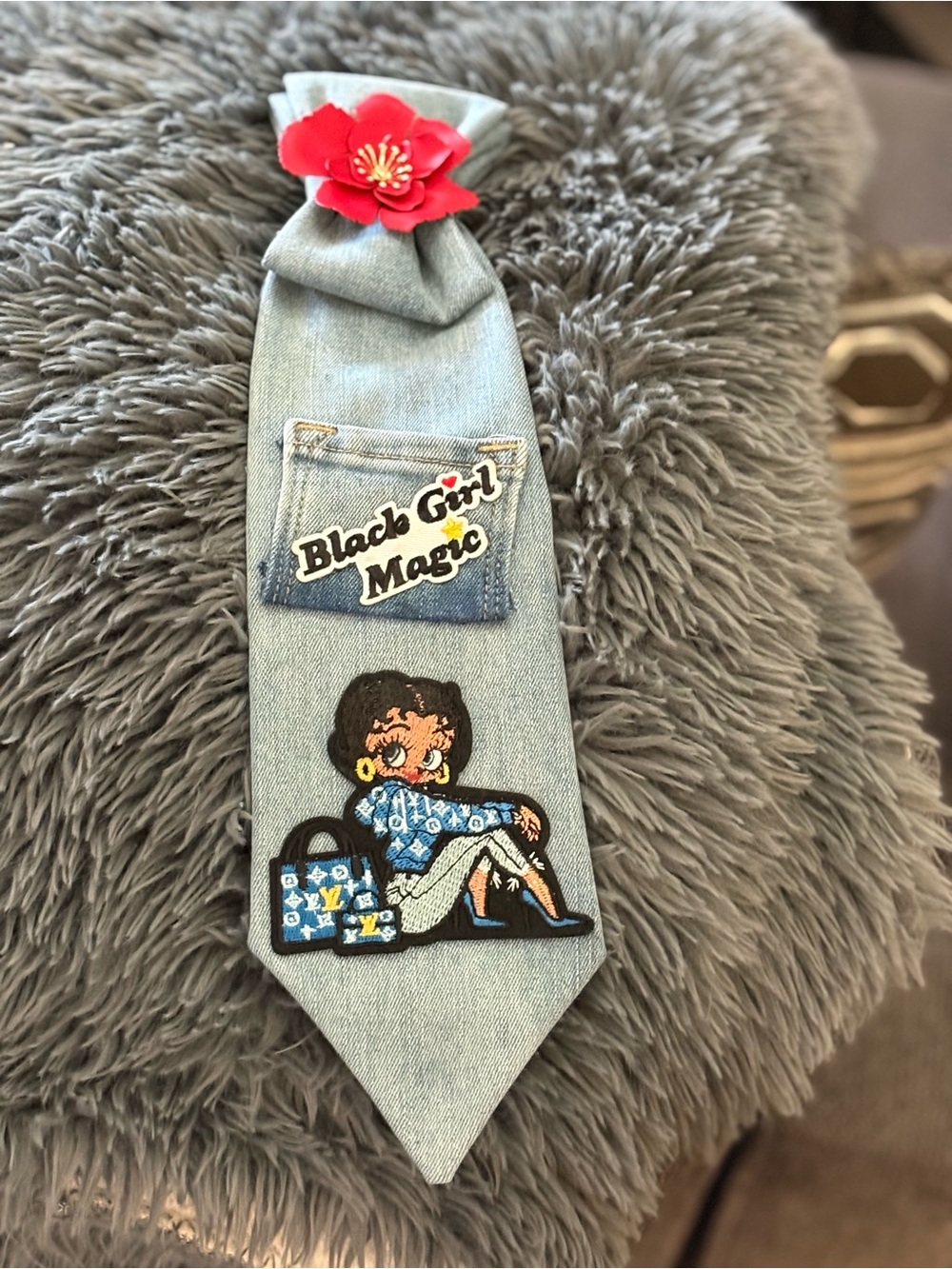 Denim necktie necklace with Red Flower and 'Black Girl Magic' Patch